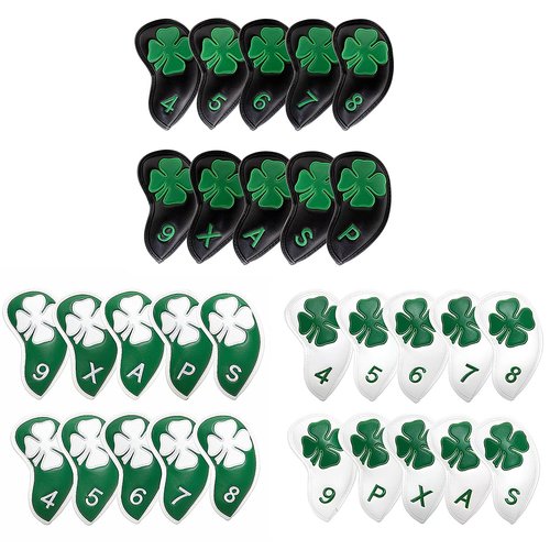 Lucky Clover Golf Iron Club Head Covers Headcovers Set, 10pcs Leather Golf Headcovers for Irons Gift for Men Women Golfer, Designed to fit All Brands