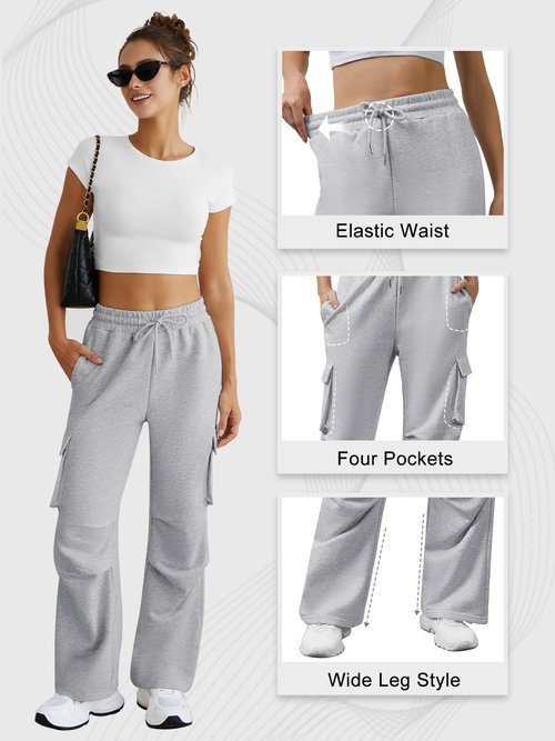 DLOODA Wide Leg Cargo Sweatpants Women Drawstring High Waisted Baggy Sweat Pants Stretchy Cotton Pants with Pockets (Light Grey M)