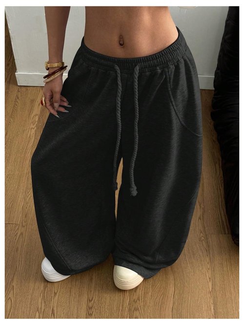 GORGLITTER Women's Y2K Baggy Sweatpants Wide Leg Barrel Pants Elastic Waist Oversized Drawstring Sweats Black X-Large