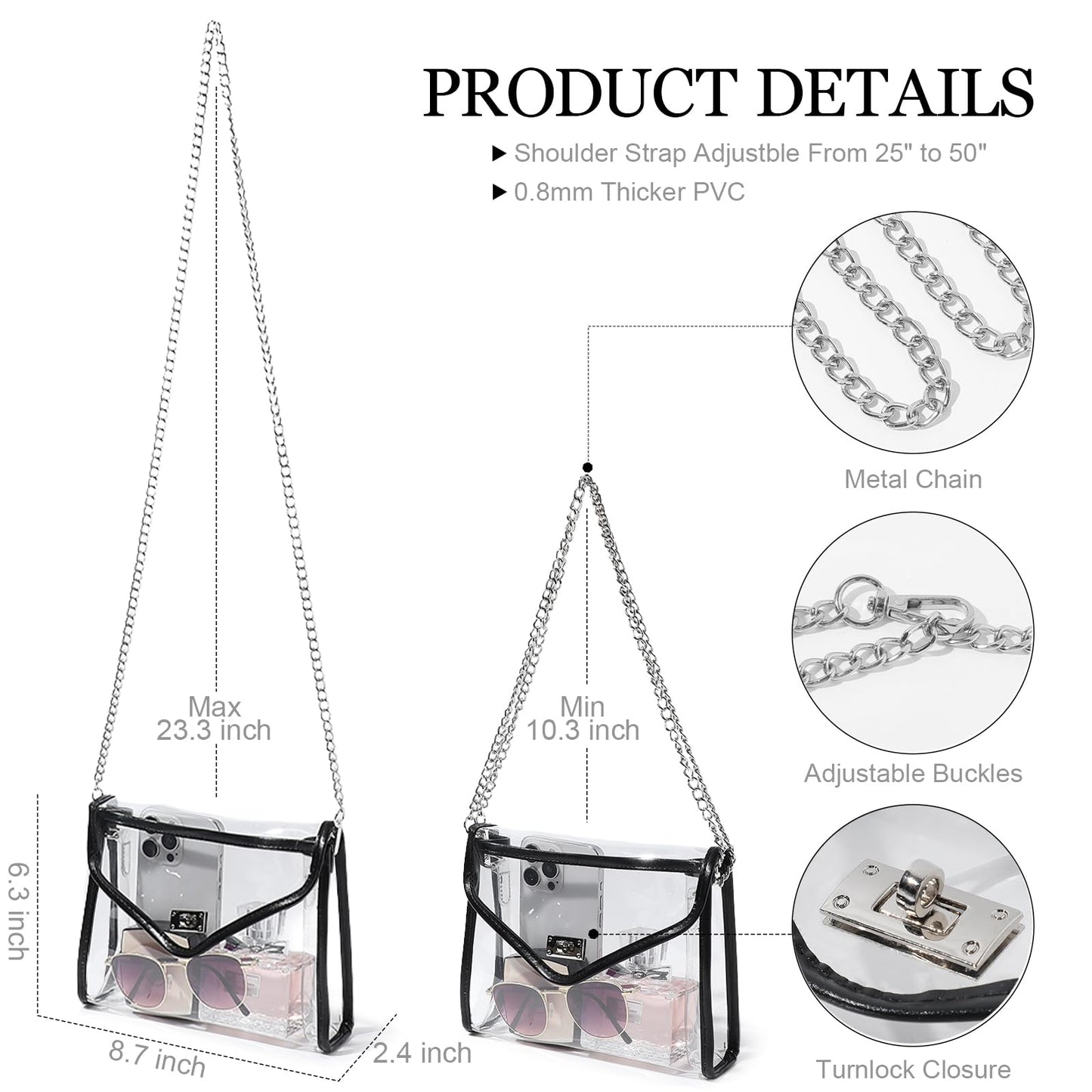 Bucosd Clear Purse for Women Stadium Approved, Clear Crossbody Bag with Leather Edging for Concert Sports Events (Black - Silver Chain)