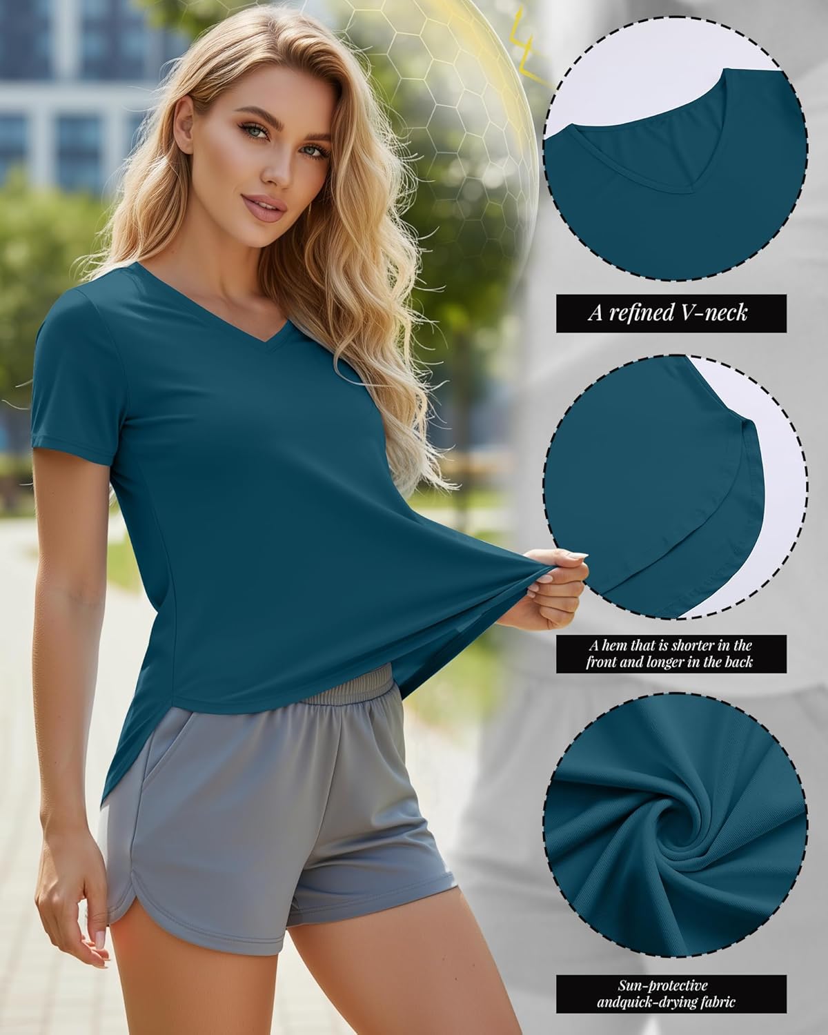 Oakgarden Women's Workout Tops - Quick Dry UPF 50+ V-Neck Gym Shirts | Lightweight, Side Slits, 4 Pack