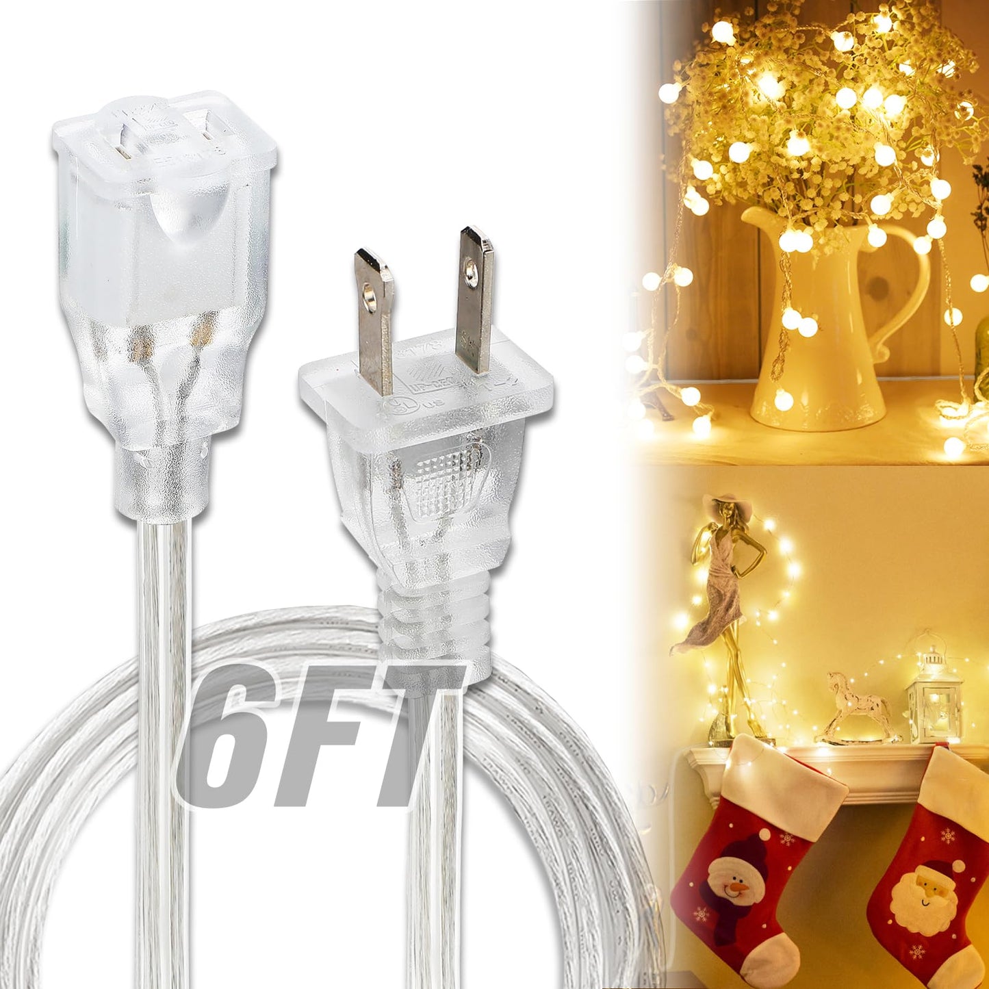 Clear Extension Cord - 6 FT Male to Female Invisible Indoor 2 Prong Power Cable, Thin for Christmas Tree Lighting, UL-Certified, 2 x 18 AWG 250V 6A