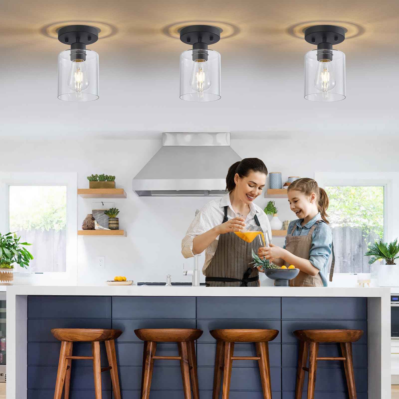 YYT 1 Light Semi Flush Mount Ceiling Light Black Kitchen Lighting Fixtures Ceiling Hallway Light Fixtures Small Cieling Lights with Clear Glass Shade Set of 1