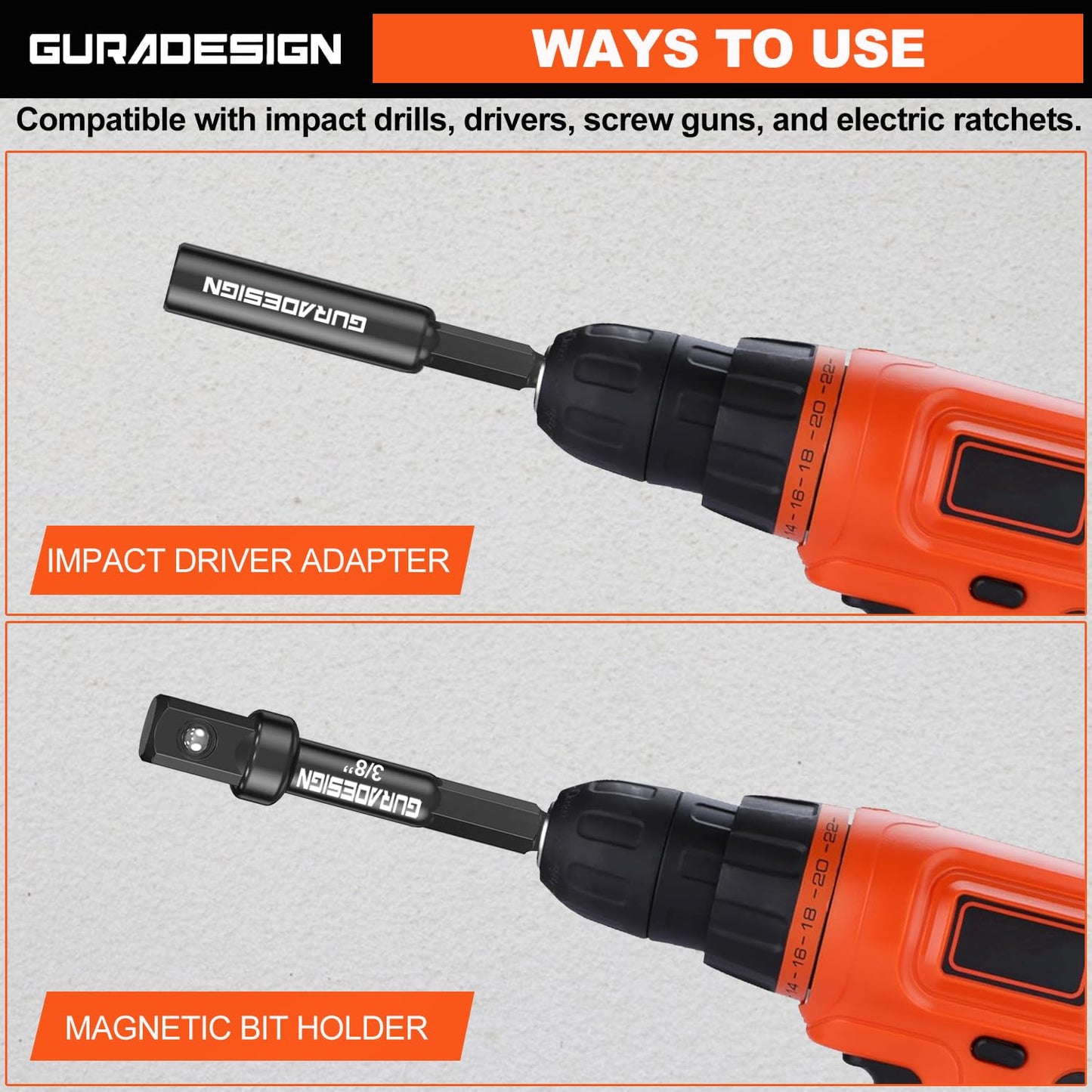 GURADESIGN 9-Piece Impact Drill Socket Adapter Set and Universal Joints Socket Set 1/4" 3/8" and 1/2" Driver Socket Adapter, Power Drill Bit Extension, Magnetic Screwdriver Bit Holder