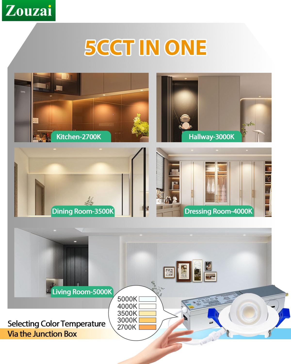 zouzai 2 Inch 5CCT Gimbal Led Recessed Lighting with Junction Box, 360°+90° Adjustable Recessed Can Lights, 2700K/3000K/3500K/4000K/5000K Selectable, 5W Eqv 50W, 550LM Brightness - ETL (White,6 Pack)
