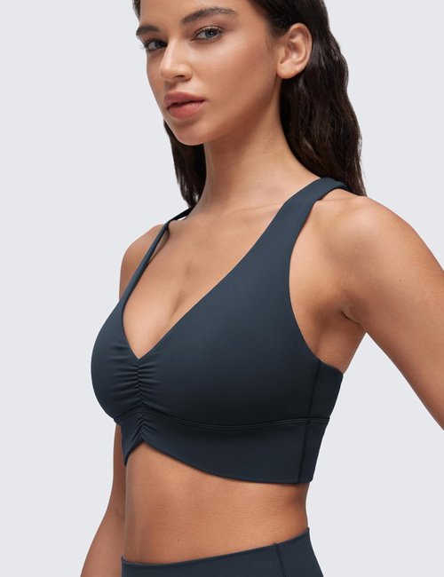 CRZ YOGA Butterluxe Sports Bra - V Neck Padded Longline Crop Top with Ruched Design for Women