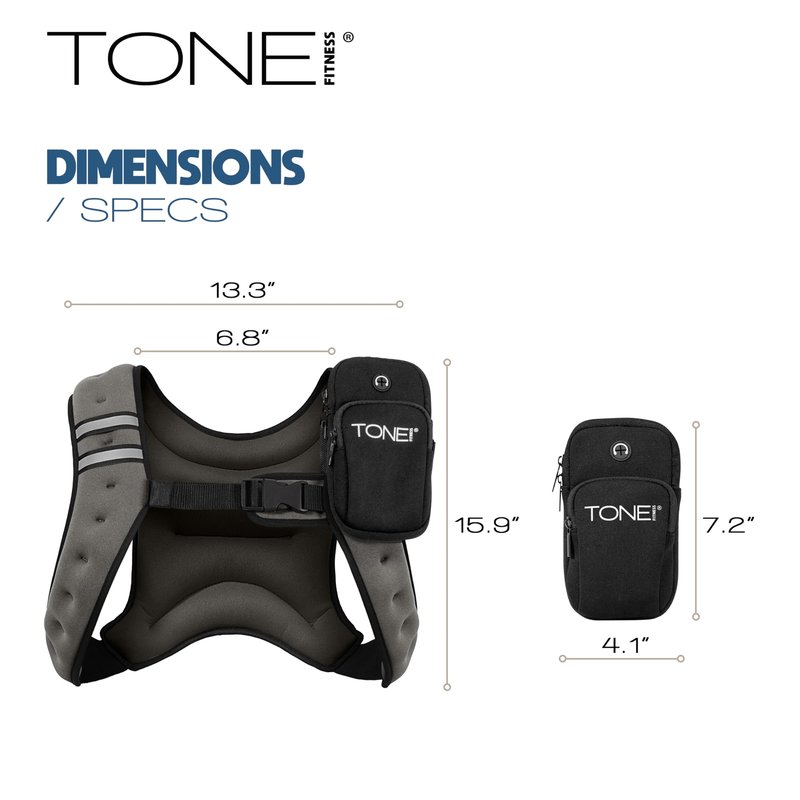 TONE Fitness 8LB Weighted Vest Gray – Unisex Workout Vest with Phone Pouch, Reflective Strips, and Adjustable Fit for Walking, Running, Cardio, and Strength Training