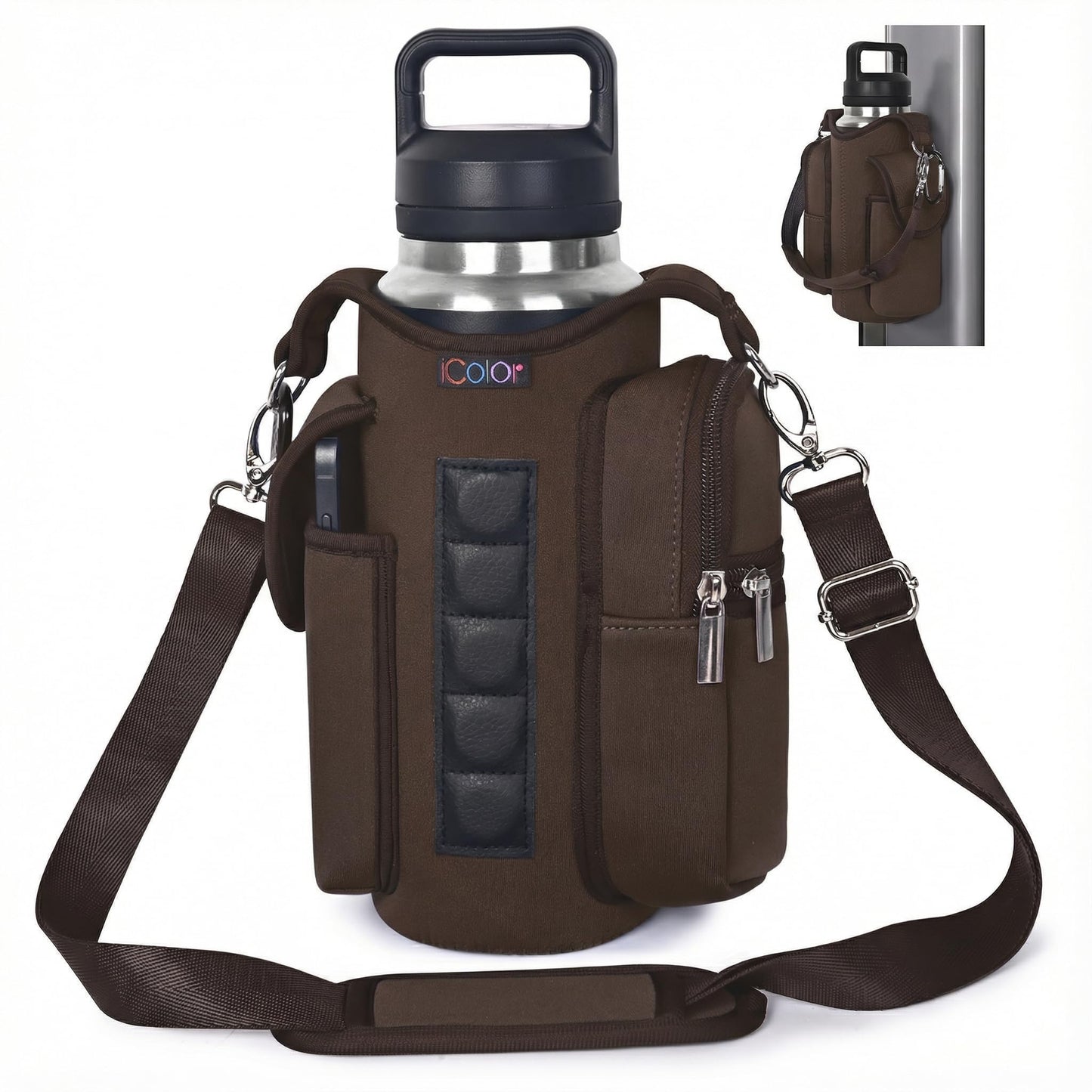 icolor Magnetic Gym Bag Water Bottle Carrier Holder with Phone Pockets & Shoulder Strap,Gym Magnetic Bag 5 Built-in Magnets Gym Accessories Organizer Sling Bottle Bag Pouch Sleeve (Neoprene, Brown)