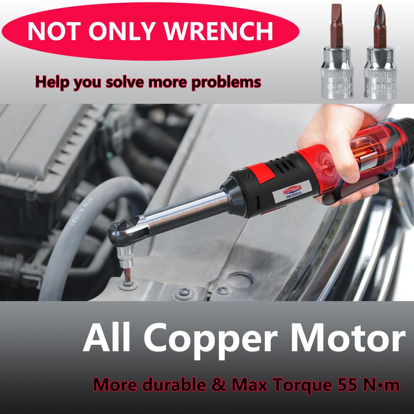 Dobetter Electric Ratchet Wrench 3/8 Cordless Ratchet Wrench Set, Extended 55 N·m Battery Powered Ratchet Tool with 2 * 2Ah Battery, 1 Fast Charger, 7 Sockets, 2 Screwdrivers, 2 Adapters