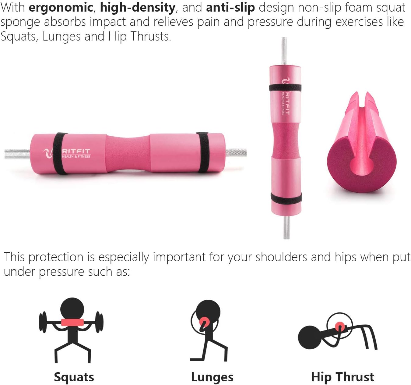 RitFit Barbell Squat Pad Set - 7 Pcs with Resistance Band & Safety Straps | Upgraded Neck & Shoulder Support (Pink/Black)