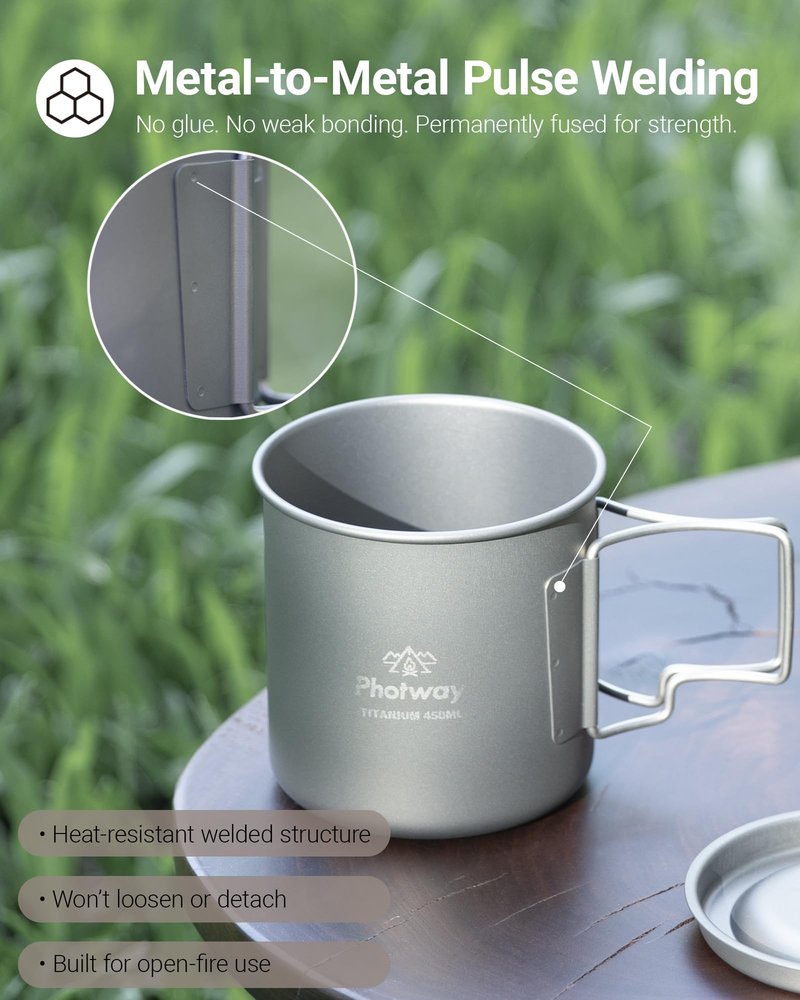 photway Ultralight Titanium Camp Mug with Lid 450ml (15.2oz), Single-Wall Coffee Mug Cup for Backpacking, Camping, Hiking & Open Fire Use