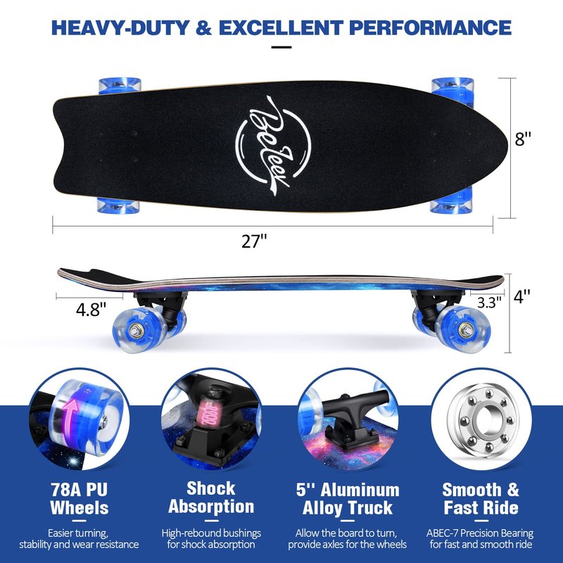 BELEEV Cruiser Skateboards for Kids, 27x8 inch Complete Skateboard for Beginners Teens Adults, 7 Ply Canadian Maple Double Kick Deck Concave Trick Skateboard with LED Light-Up Wheels (Nebula)