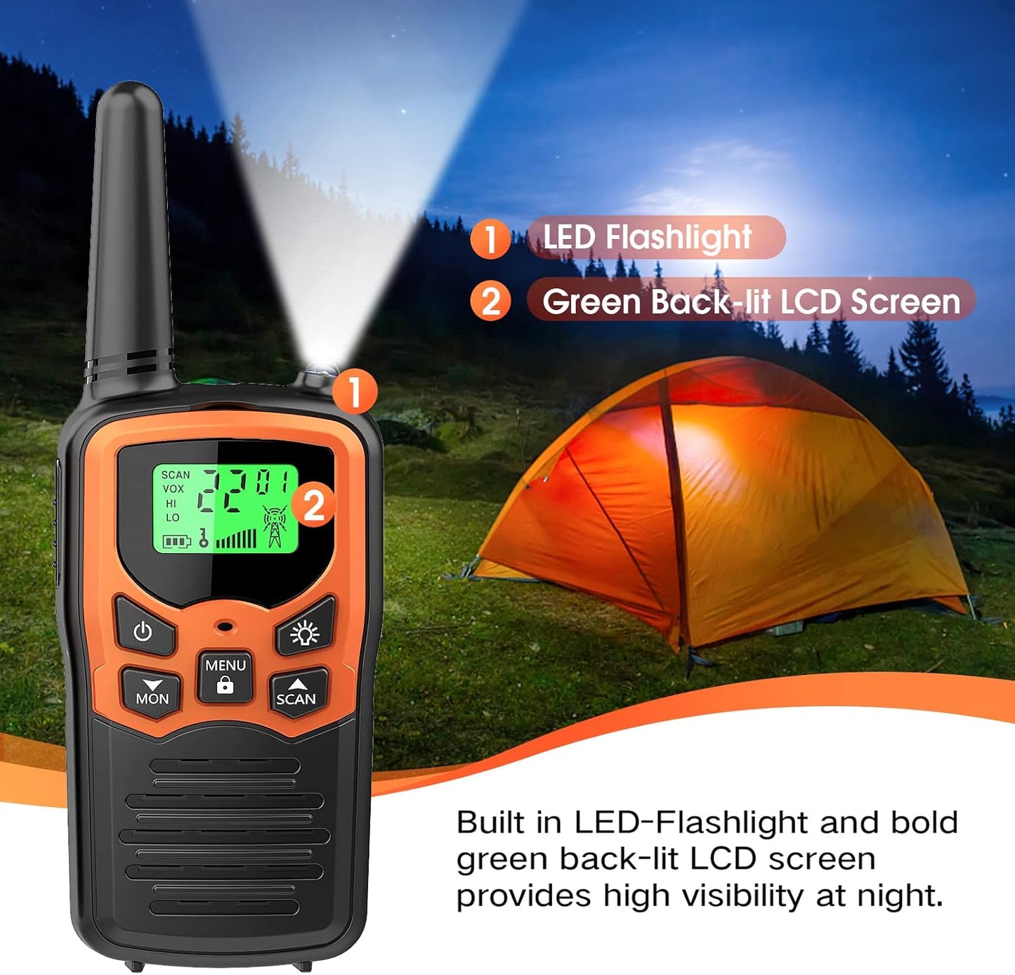 MOICO Long Range Walkie Talkies - 22 FRS Channels with LED Flashlight | Family Hiking & Camping (Orange, 2 Pack)