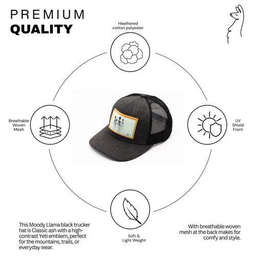 Moody Llama Trucker Hat for Men and Women – 5-Panel Mesh Outdoor Cap with Curved Brim, Roadie Design, Heathered Cotton Polyester, with Adjustable Snap Closure Cap