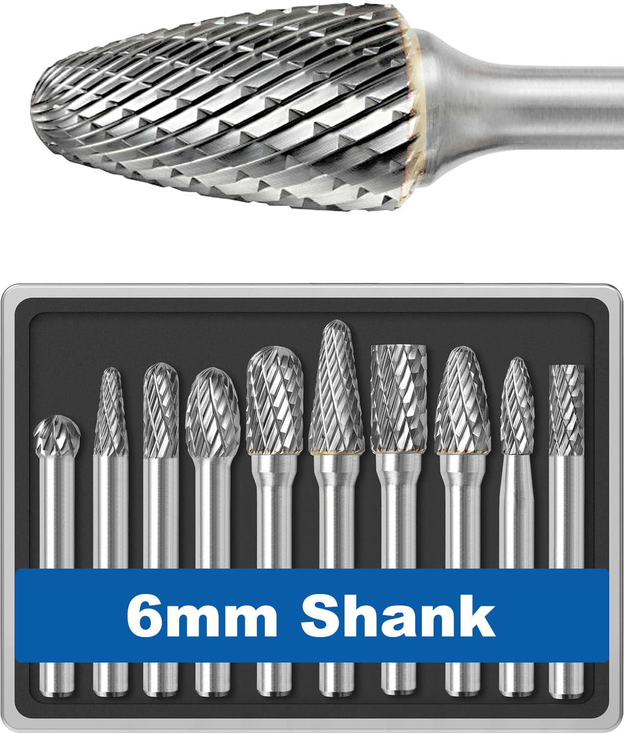 Sworker 10Pcs Carbide Burr Set 6mm Shank w/Clear Box Max Head Dia 10mm Die Grinder Bits Rotary Tools Attachment Kit Rasp Accessories Metal Wood Stone Steel Grinding Deburring Cutting Porting Carving