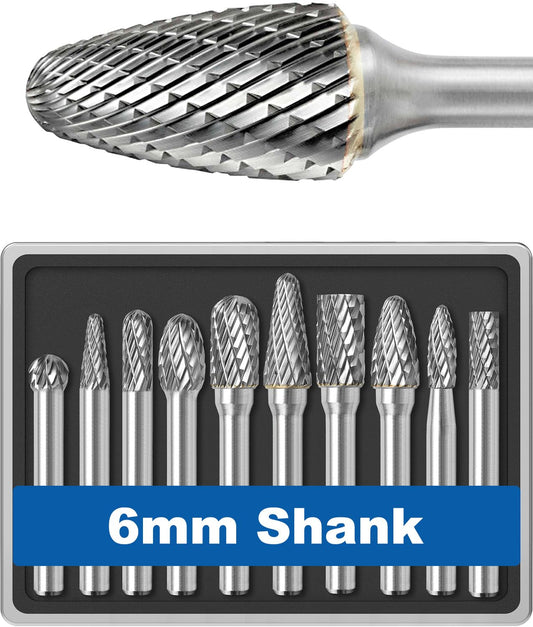 Sworker 10Pcs Carbide Burr Set 6mm Shank w/Clear Box Max Head Dia 10mm Die Grinder Bits Rotary Tools Attachment Kit Rasp Accessories Metal Wood Stone Steel Grinding Deburring Cutting Porting Carving