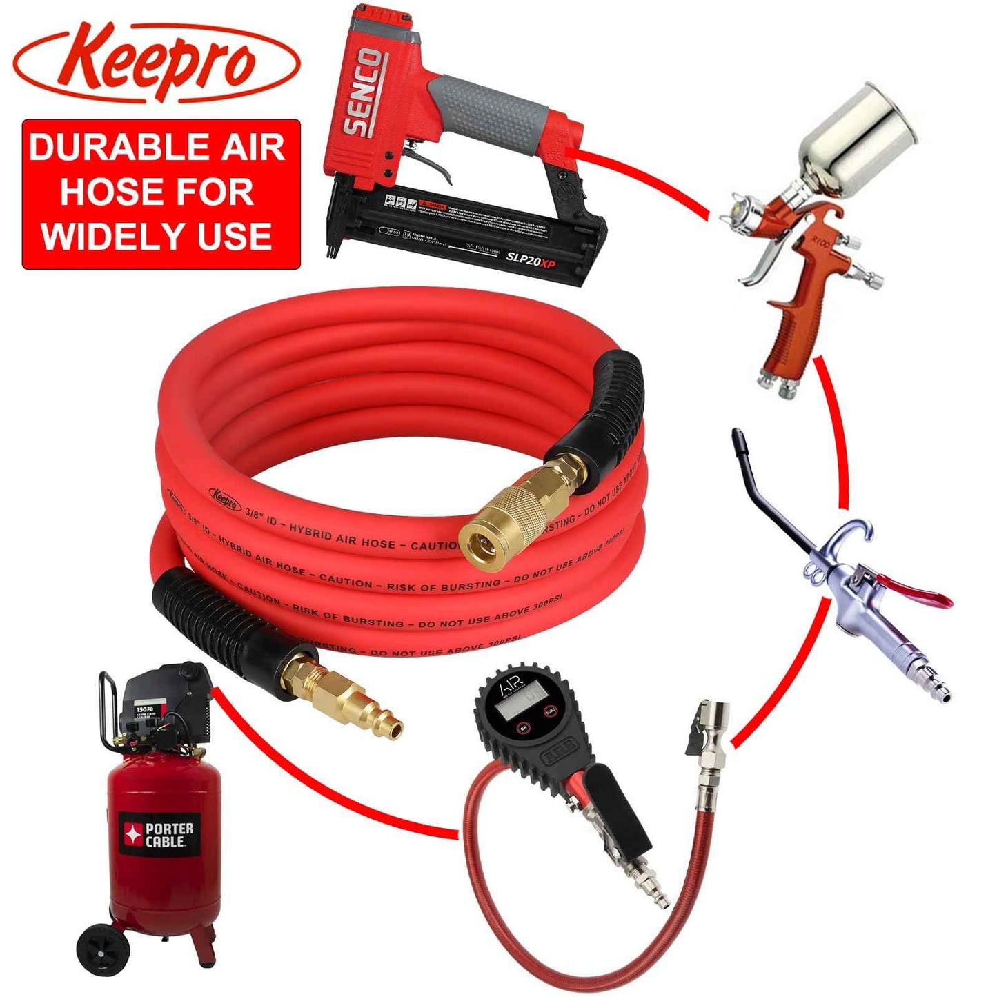 Keepro Hybrid Air Hose, Flexible 3/8 Inch ID x 10 Feet Long Lead-in Short Air Compressor Hose with Swivel Solid Brass 1/4" Industrail Quick Coupler and Plug, 300 PSI Maximum Pressure, Red