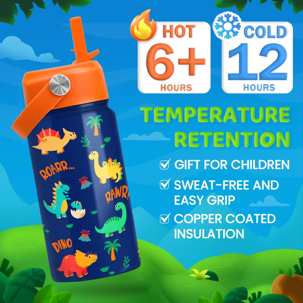 Skiennix Dinosaur Water Bottle - 12 Oz Insulated Stainless Steel with Straw Lid | Perfect for Kids' Sports & School