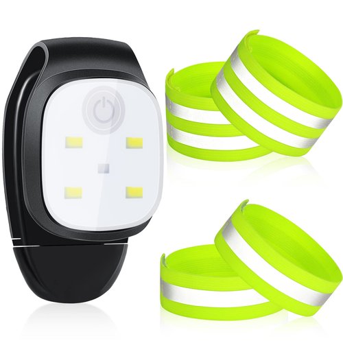 Weewooday Running Light Set Include 4 Pcs Running Reflective Bands and 1 Pack Running Light with 4 Modes USB Rechargeable Clip on LED Dog Lights for Night Walking Running Camping Hiking Adventure