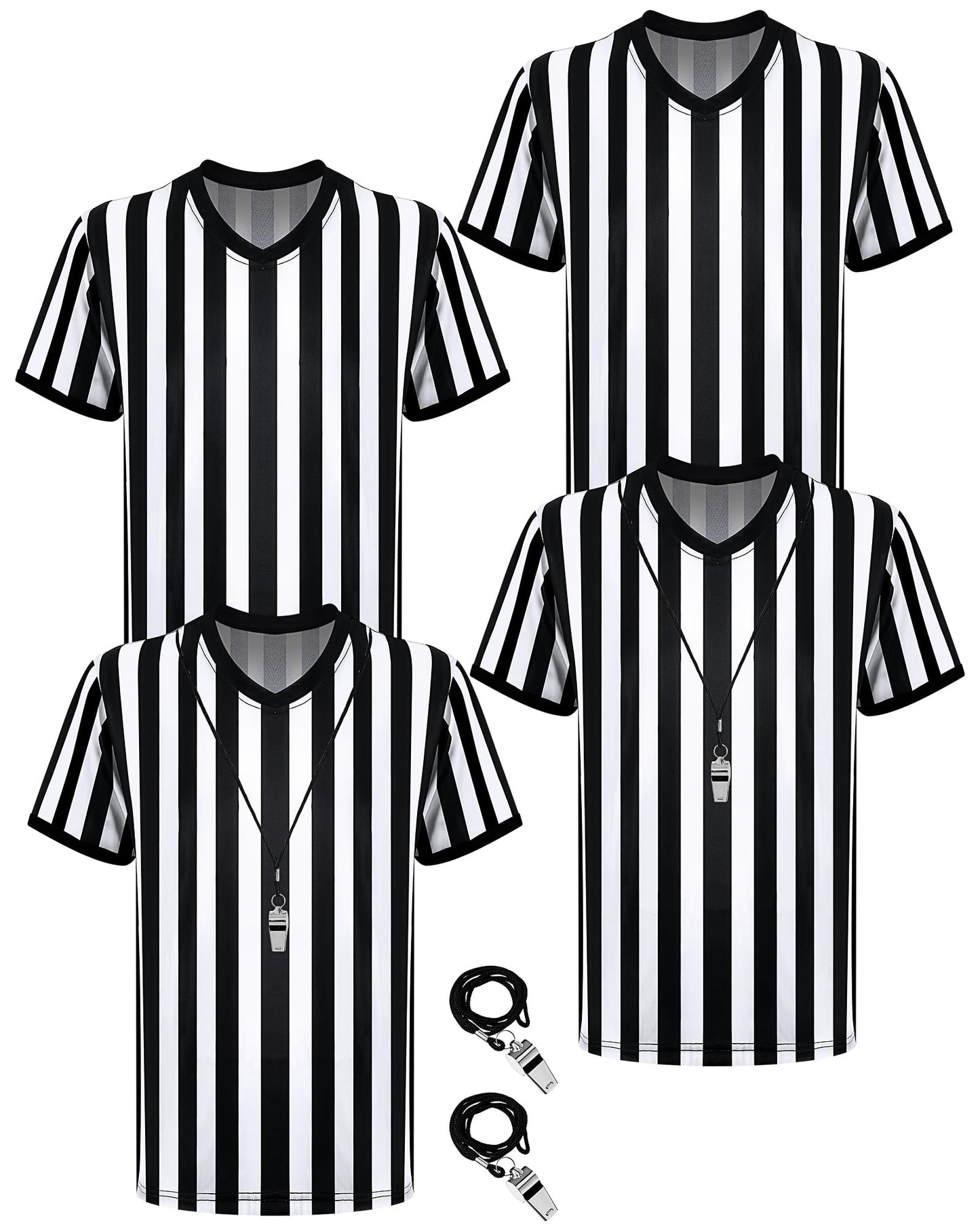 Sintege 4 Sets White and Black Soccer Referee Stripe Shirt with Whistle Official Referee Costume Shirt Football Umpire Jersey Halloween Costume for Adult(Adults X-Large)