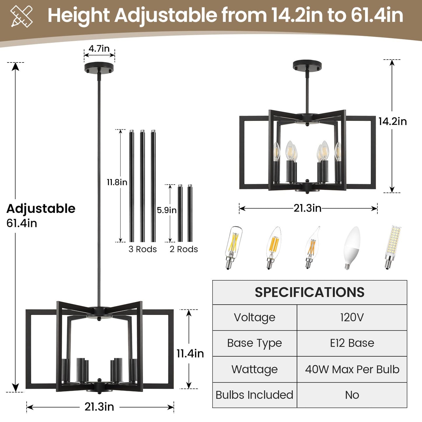 6-Light Black Chandelier, Dining Room Light Fixture, Farmhouse Chandelier, Geometric Metal Industrial Pendant Light Fixture Ceiling Hanging for Kitchen Stairway Foyer Entryway Hallway