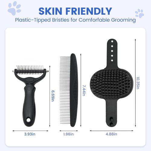 Double-Sided Pet Grooming Rake - 4-in-1 Professional Grooming Kit for Dogs & Cats | Extra-Wide Dematting Tool (4PCS, Black)