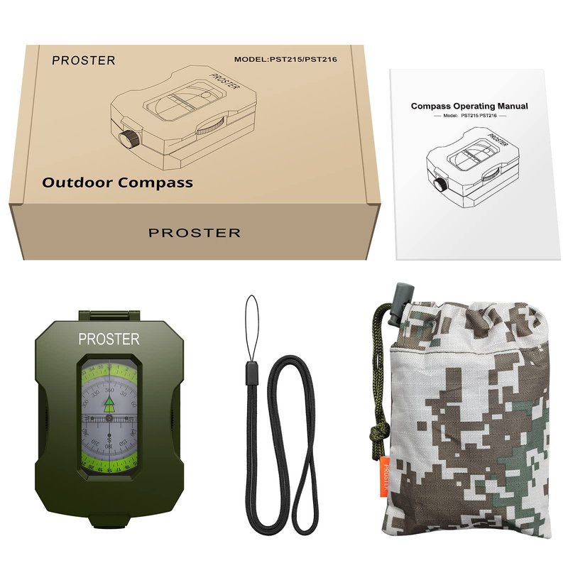 Proster IP54 Hiking Compass - Professional Military Compass with Sighting Clinometer Aluminum Alloy Camping Compass Waterproof with Carry Bag