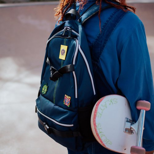 DIME BAGS Skateboard Backpack with Skate Straps, 9 Compartments for Storage Including 1 Hidden Order-Sealed Pocket, Durable Water-Resistant Exterior & Padded Straps, Chris Dyer Skatepack (Blue)