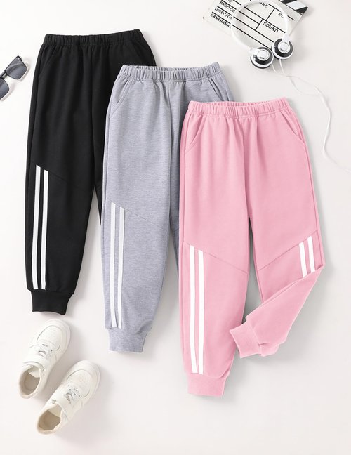 EDFTM Girl Sweatpants Kids Workout Jogger Cotton Casual Active Playwear Pants 3-Pack Pink/Light Gray/Black 5-6 Years