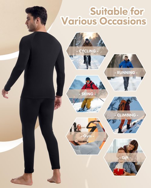 CL convallaria Thermal Underwear for Men Long Johns Winter Hunting Gear Sport Skiing Base Layer Top and Bottom Set Midweight Black Large