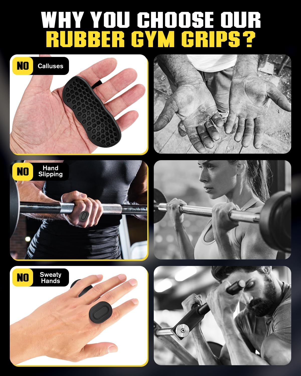 AEIKINISIS Weight Lifting Grips for Women & Men, Anti-Slip Rubber Gym Gloves for Palm Protection, Suitable for Dumbbell、Pull-Up、Deadlift (Black)
