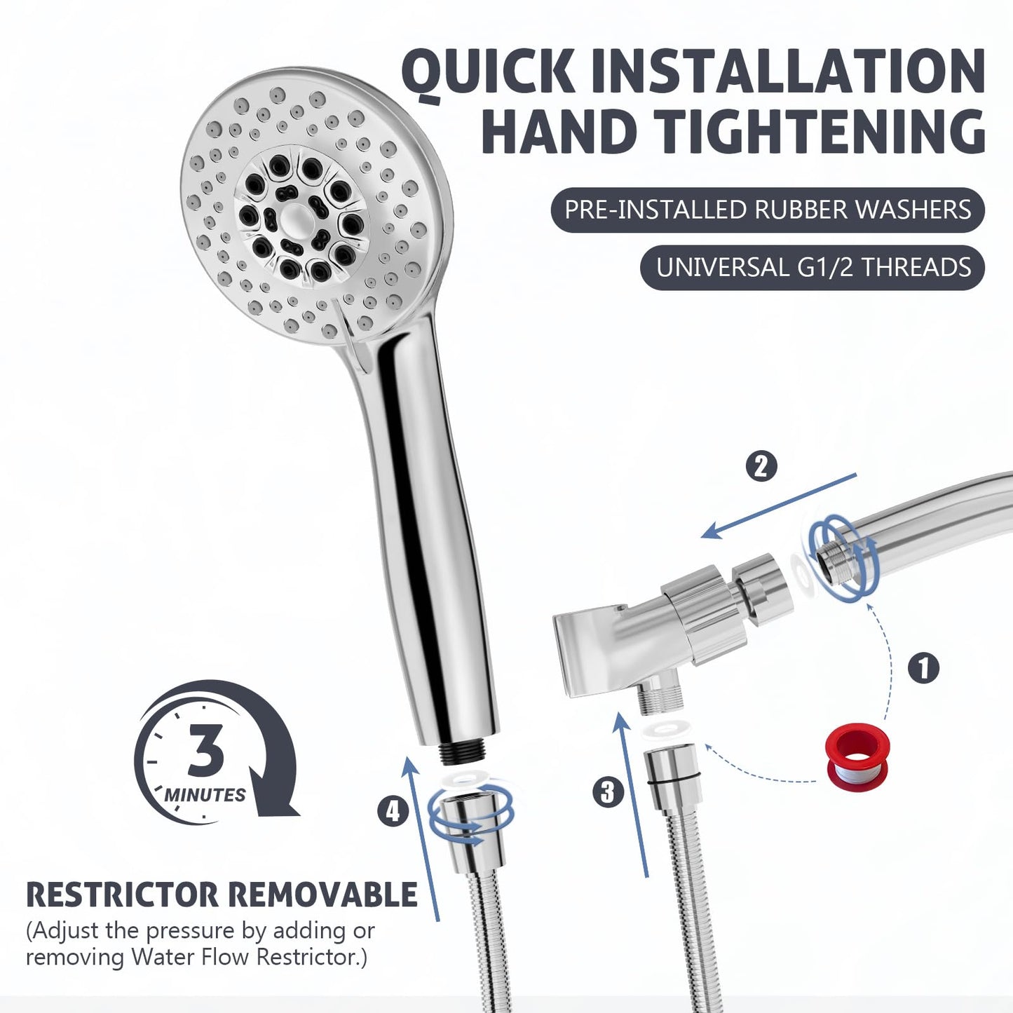 Cosuro High Pressure Shower Head with Powerful Shower Spray & 59'' Stainless Steel Hose, 5 Spray Modes, Adjustable Bracket and Non-Clogging Nozzles