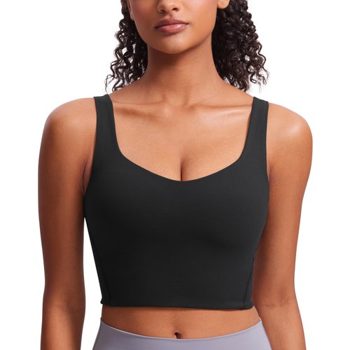 CRZ YOGA Softness Mold Butterluxe Longline Sports Bras for Women - Molded Cup V Neck Yoga Clothes Workout Crop Tank Top Black Large