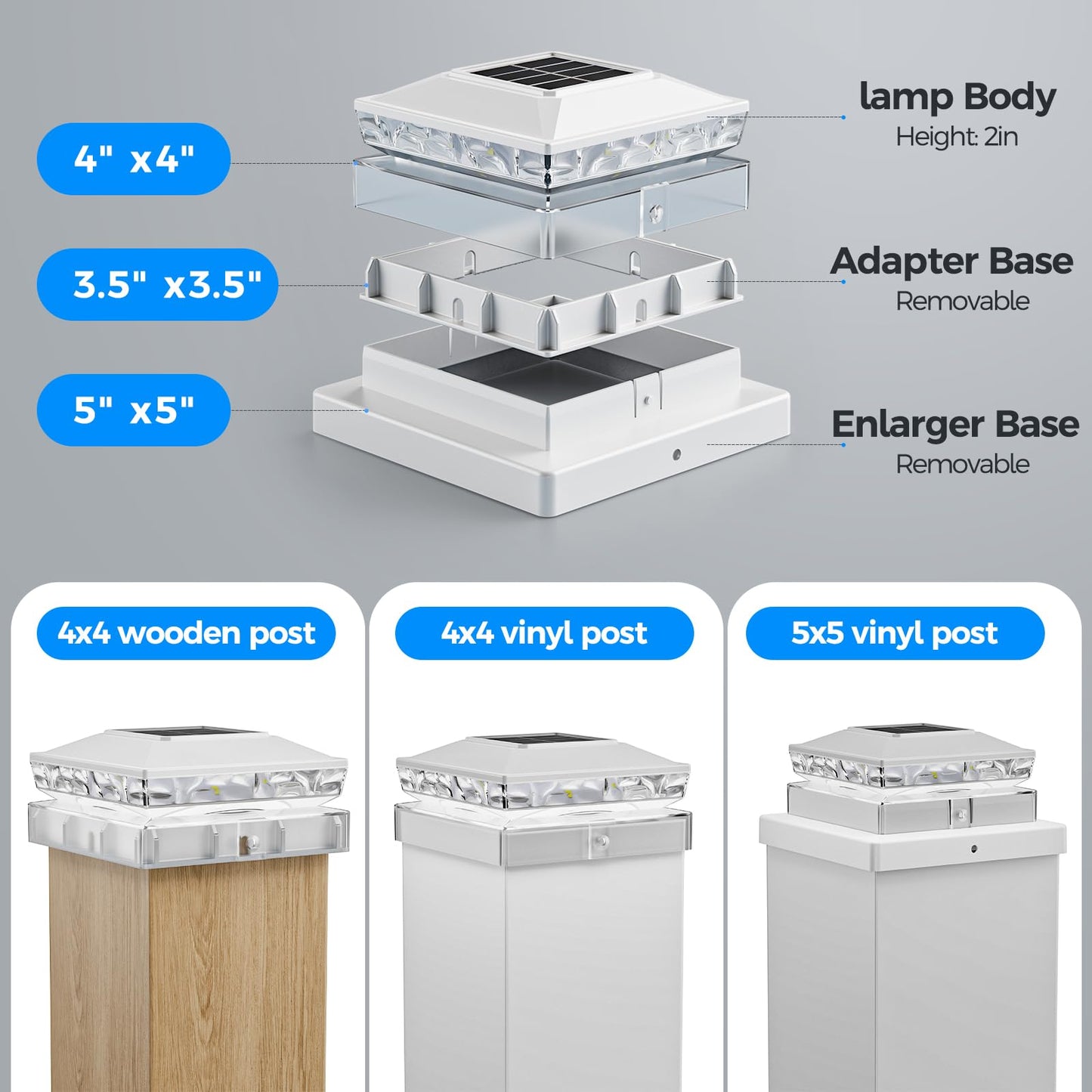 Solar Post Cap Lights, 6500K Cool White IP65 Waterproof Solar Powered Fence Light for 4x4 Wood Post & 5x5 Vinyl Fence, Deck Patio Garden Yard Outdoor Landscape Lighting, ABS Material