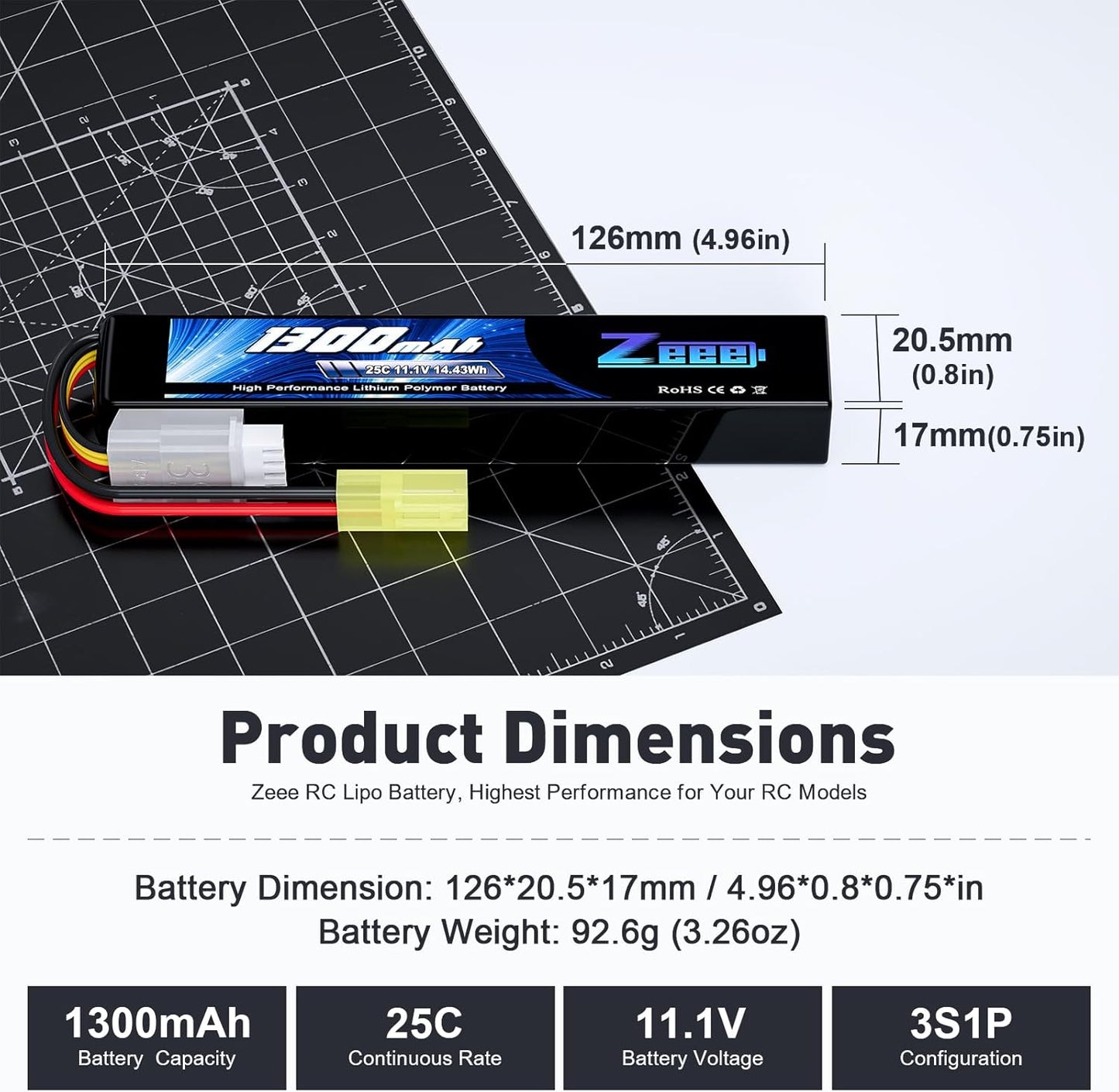 Zeee 3S Airsoft Lipo Battery - 1300mAh 11.1V 25C Stick Battery with Mini Tamiya Connector