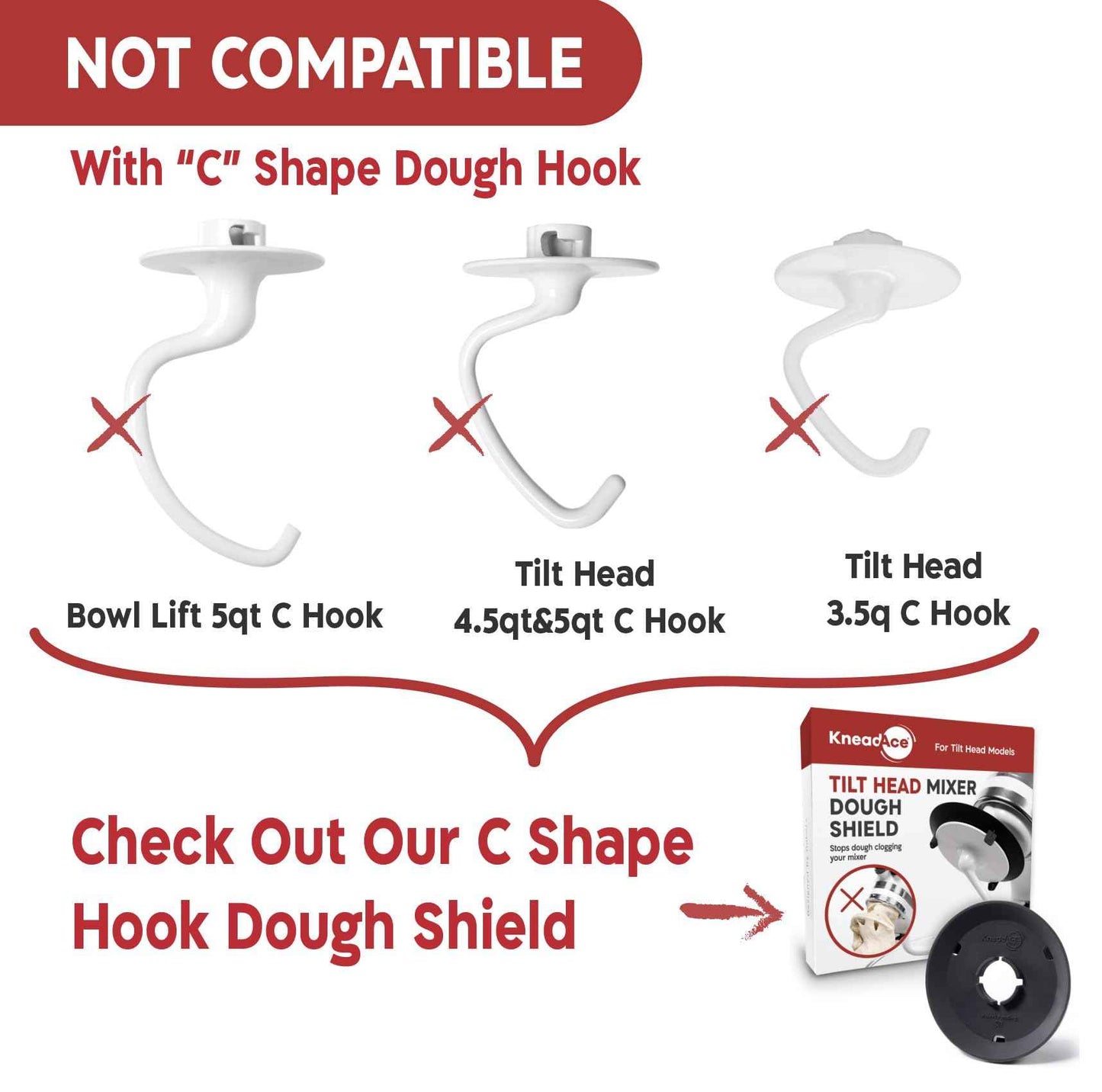KneadAce Spiral Dough Hook Shield For kitchenaid Mixer-Prevents Dough from Clogging Your Bowl Lift Mixer- Compatible With KitchenAid Dough Hook. (With 2 Adapters-Fits All KA Spiral Hooks)