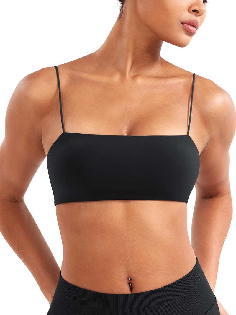 YEOREO Women's Spaghetti Strap Sports Bra Enidy Square Neck Yoga Wireless Low Impact Padded Seamless Cami Crop Top Black S