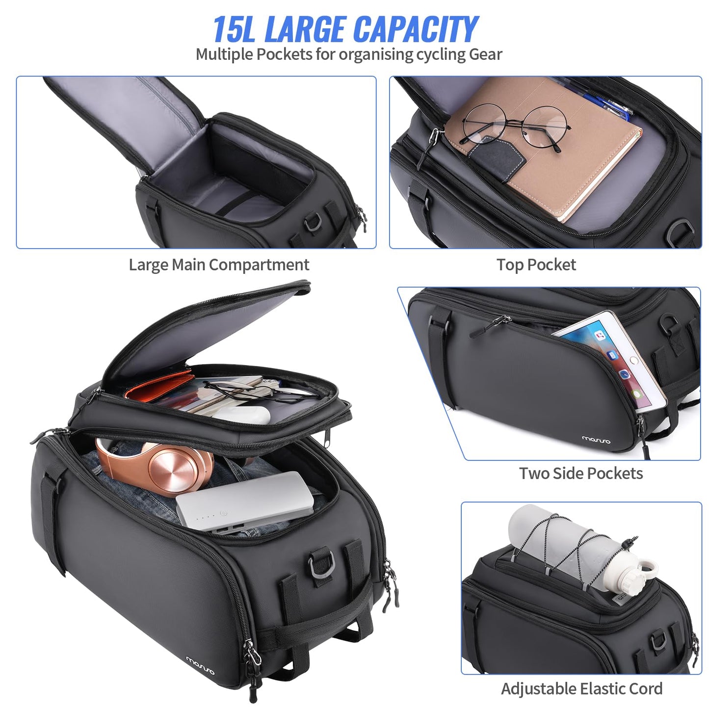 MOSISO Bike Rack Bag with Rain Cover, 15L Waterproof Bike Ebike Rear Bags Bicycle Trunk Bag Convertible to Backpack, Cycling Handbag with Shoulder Strap for Commuter Travel Outdoor, Black