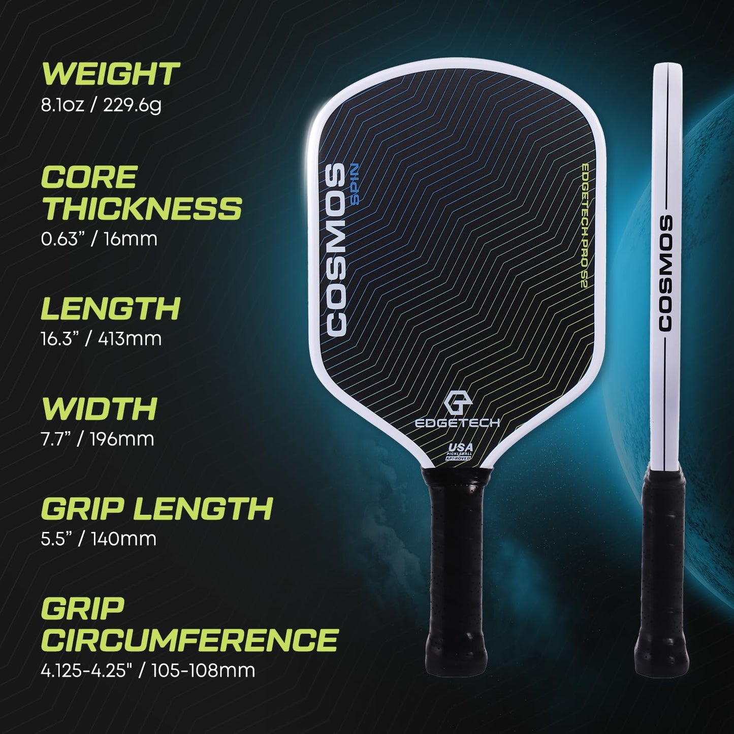 Cosmos Spin | Edgetech Pickleball 16mm Paddle + Cover | Dual Layer Surface - Titanium Weave Base - T700 Raw Carbon Fiber Surface | Orbit Grooves for Spin | Space Propulsion Honeycomb PP Core