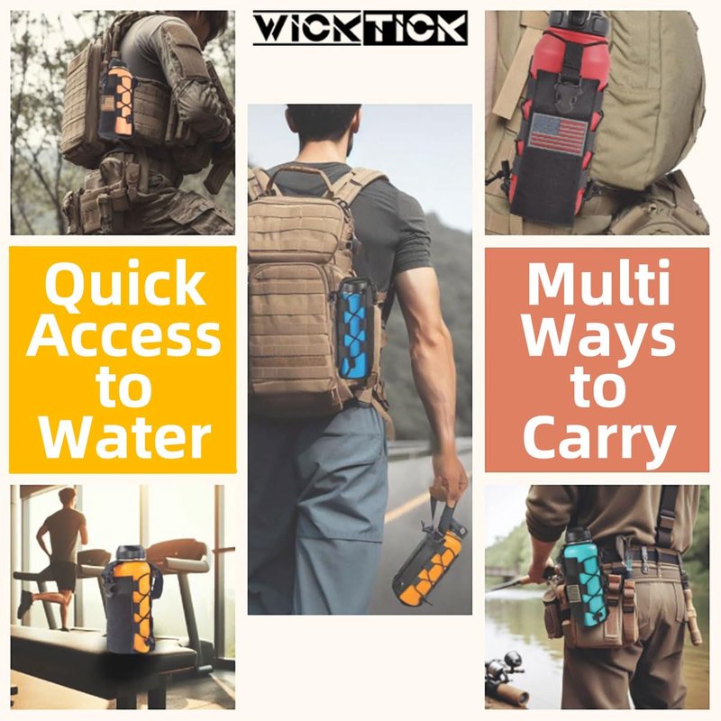 WICKTICK Molle Water Bottle Holder Pouch 16 24 32 40 64 oz - Multi-Purpose Tactical Fuel Bottle Bag, Adjustable Size for Outdoor Activities, Adapted to Backpack/Vest/Belt (Black, Classic)