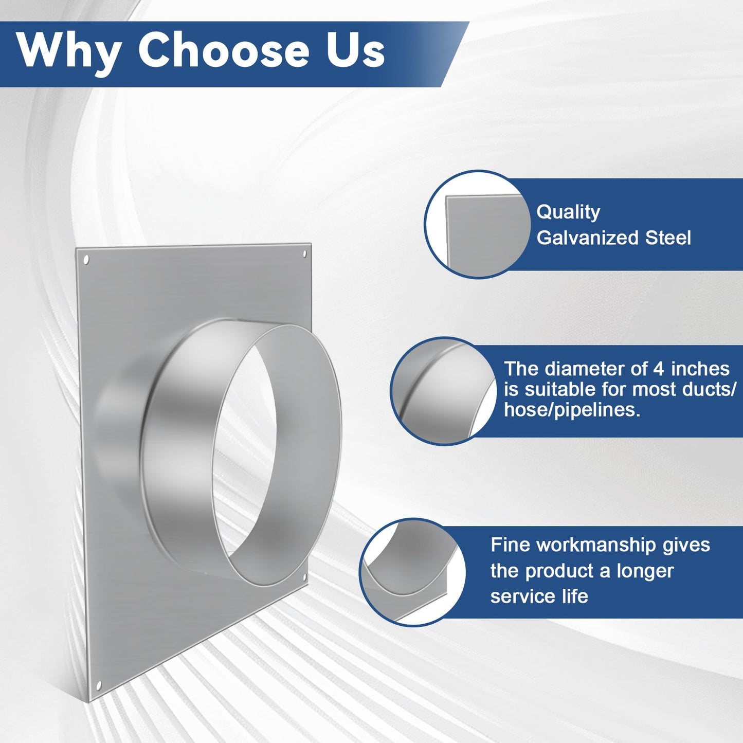 4 inch Duct Flange, Duct Connector Flange with Square Spigot Wall Plate, Galvanized Steel Dryer Vent Wall Plate, Adapter for Air Ventilation Systems, HVAC systems, Bathroom/Kitchen Extractor Fans, etc