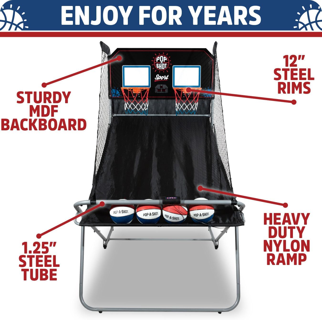Pop-A-Shot Dual Shot Sport - Arcade Basketball Game with 10 Game Modes & 4 Balls | Foldable Design for Easy Storage