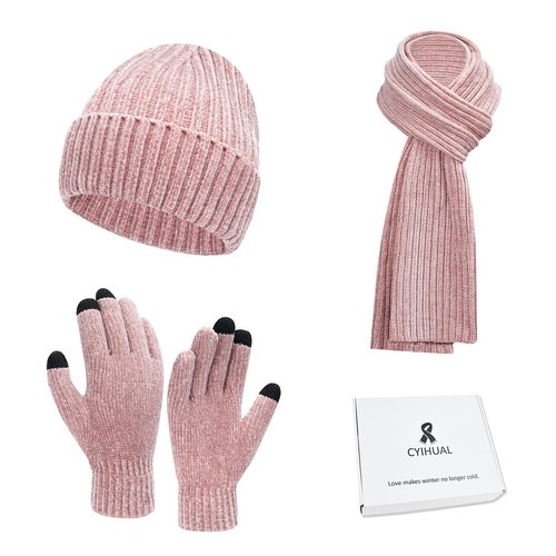 Cyihual Winter Beanie Hat Knit Scarf Touchscreen Gloves Set for Women Gift Set
