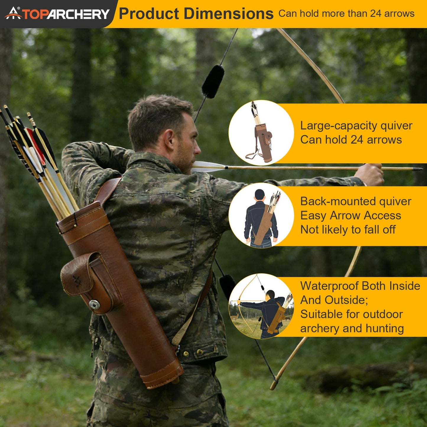 TOPARCHERY Traditional Shoulder Back Quiver Bow Leather Arrow Holder with Large Pouch Handmade Straps Belt Bag Brown