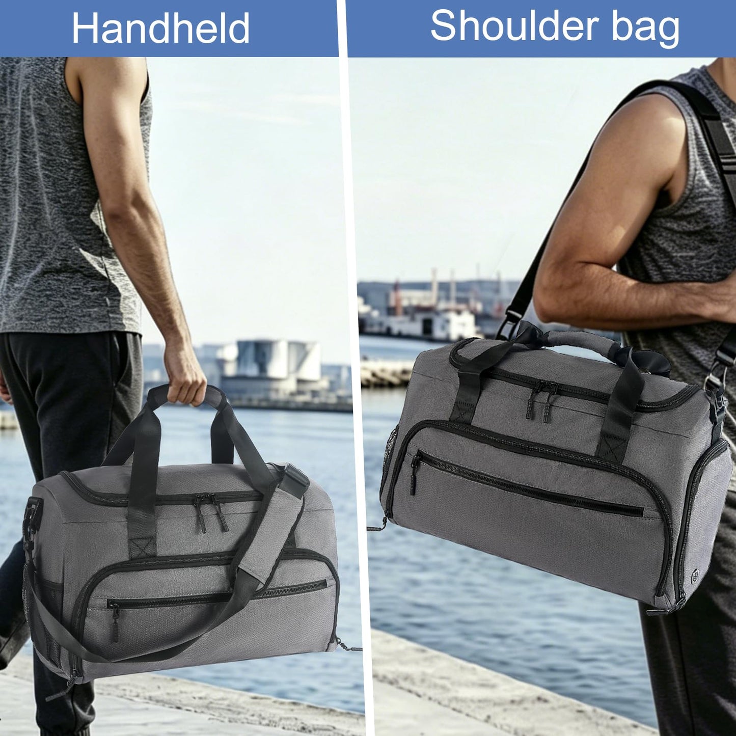 Gym Bag for Men Women, Sports Duffle Bag with Wet Pocket & Shoes Compartment, Water Resistant Overnight Weekender Bag Duffel Bag - Grey