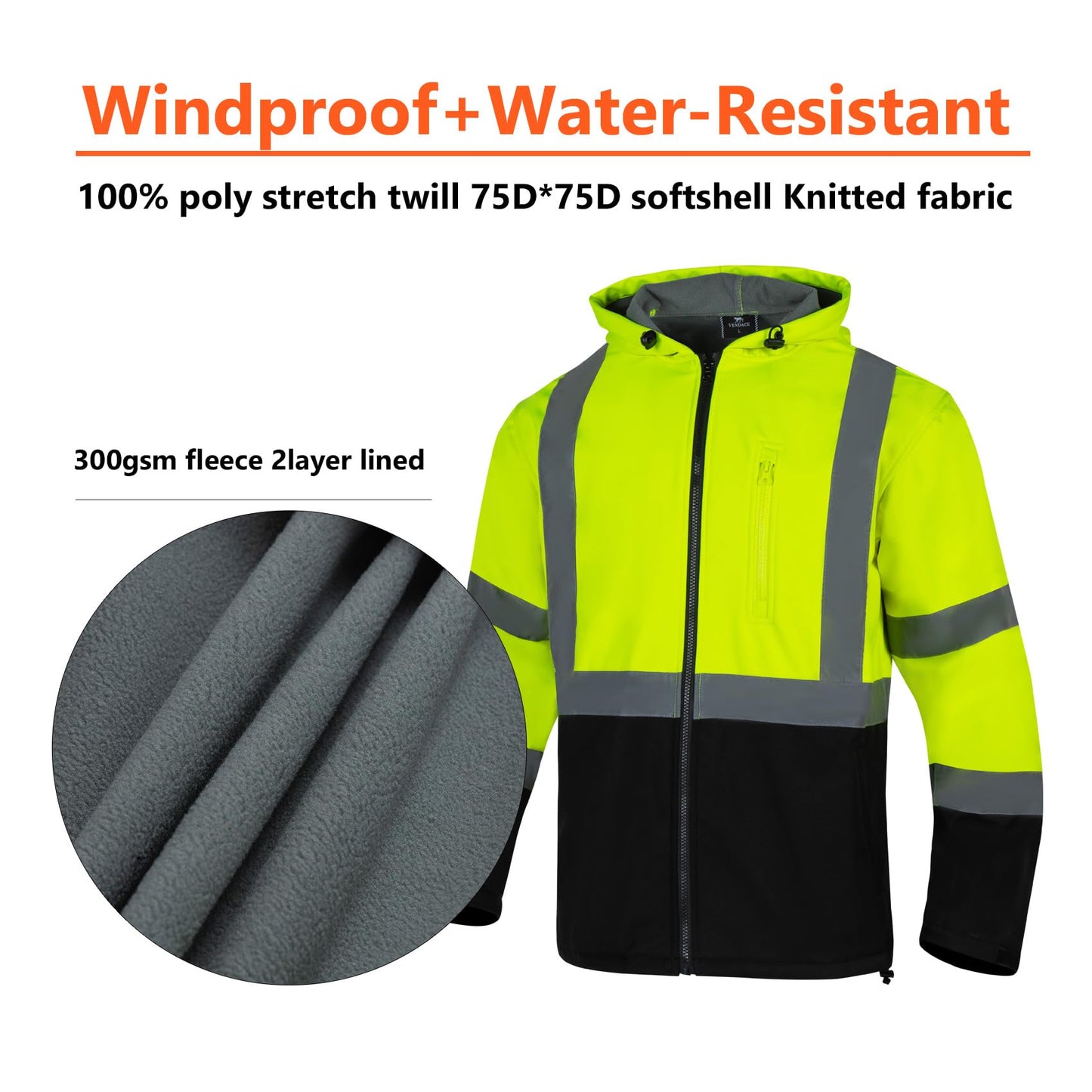 VENDACE Hi Vis Reflective Safety Jackets for Men Softshell Waterproof ANSI Class 3 High Visibility Work Jacket Hoodie Polar Fleece Lining(Yellow,L)