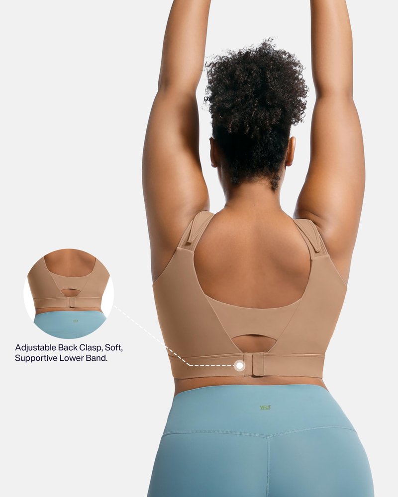 VFUS Women's Sports Bra Wirefree Adjustable Medium-High Support Everyday Wear for Large Bust Plus Size with Removable Pads (Large, Latte Brown)