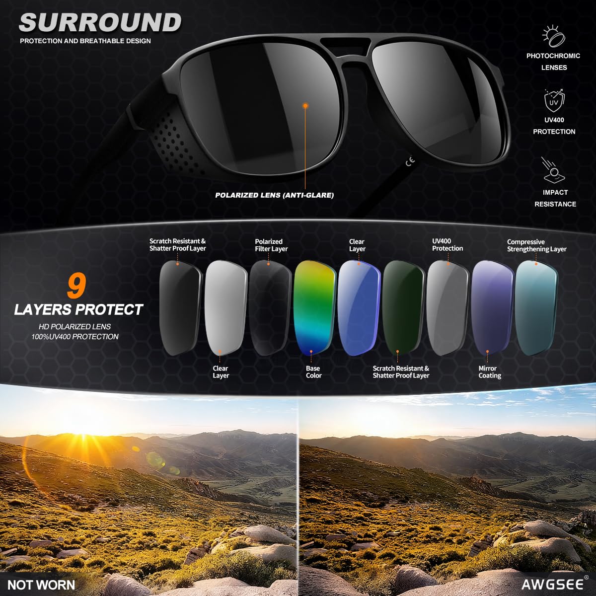 AWGSEE Retro Polarized Sunglasses for Men Women Vintage Lightweight Steampunk Sun Glasses Gothic Goggles UV400 Protection