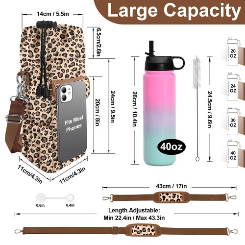 Leopard Water Bottle Holder with Strap,Water Bottle Carrier Bag with Phone Pocket for Stanley Cup 40/32/30oz Tumbler, Insulated Crossbody Sling Bottle Pouch with Adjustable Shoulder for Hiking Camping