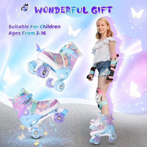 MammyGol Kids Roller Skates for Girls or Boys, 4 Size Adjustable Roller Skates for Children with Beautiful Butterflies, Beginner Kids Light up Roller Quad Skates Indoor Outdoor (Purple)